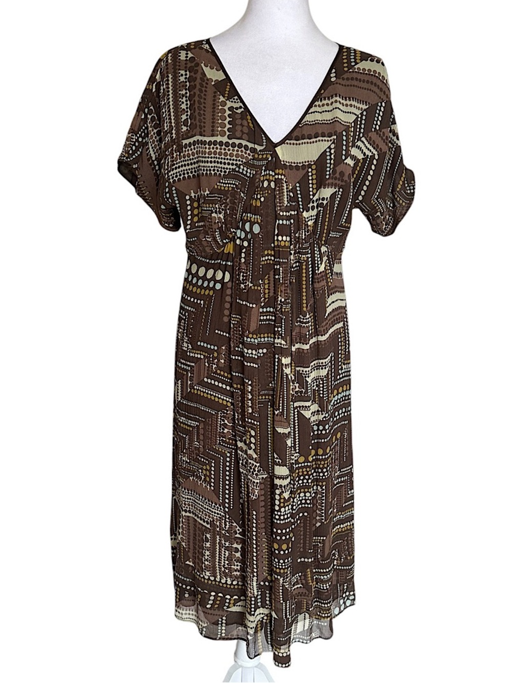 J. Jill 100% Silk Brown Midi Dress Short Sleeve Empire Waist Women’s Size 12